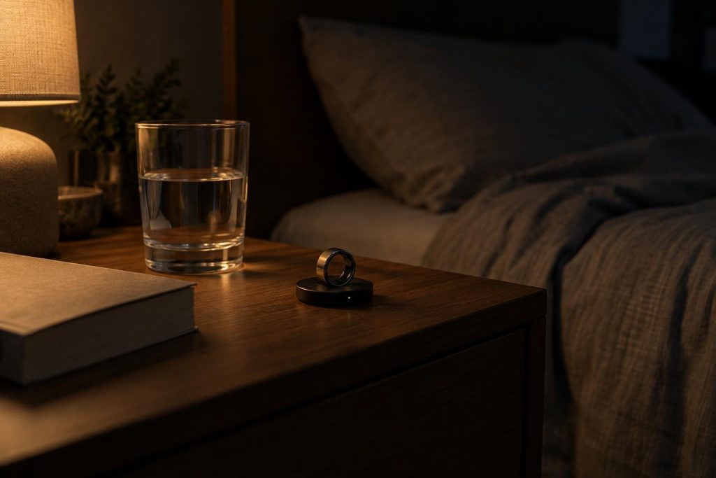 Anillo inteligente sin marca en su base de carga sobre una mesilla de noche, junto a un vaso de agua y un libro