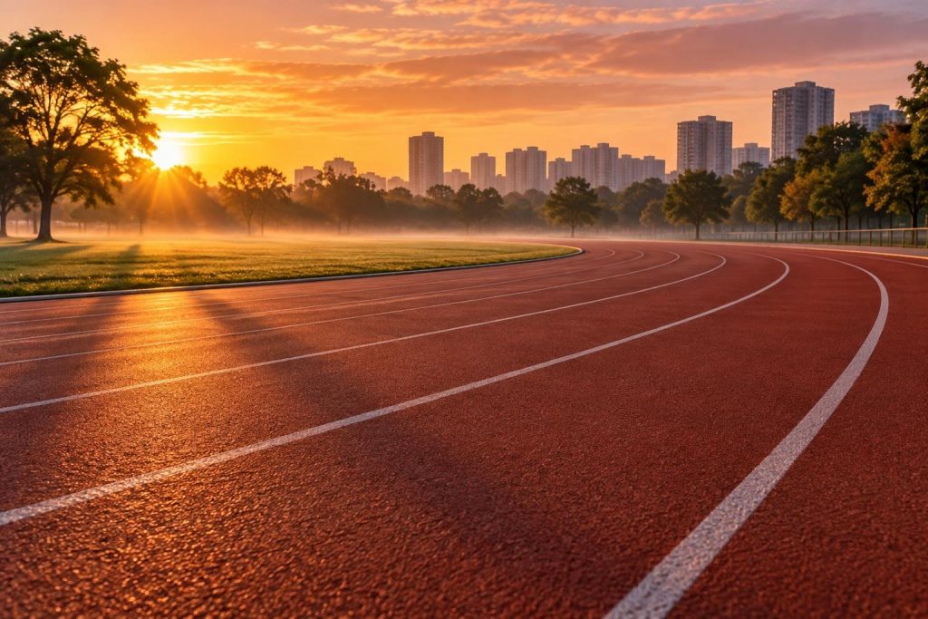 Pista de atletismo vacía en un parque urbano al amanecer, con niebla y edificios al fondo