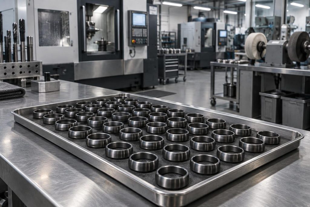 Bandeja con hileras de anillos de titanio oscuro en un taller de fabricación con máquinas al fondo