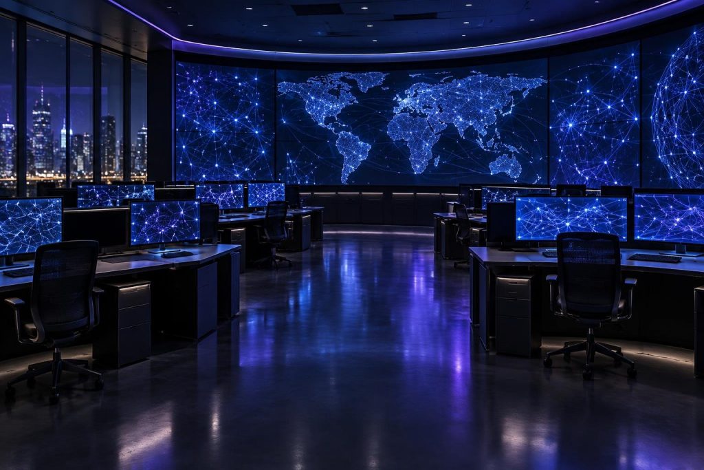 Centro de operaciones de seguridad vacío de noche, con pantallas que muestran mapas y redes abstractas