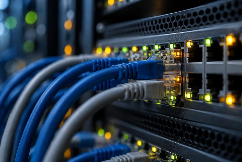 Primer plano de un conmutador de red con cables azules y grises y luces de estado encendidas