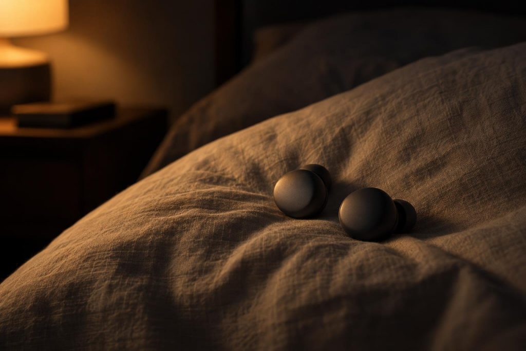 Auriculares inalámbricos redondos sobre una almohada de lino en un dormitorio de noche iluminado por una lámpara
