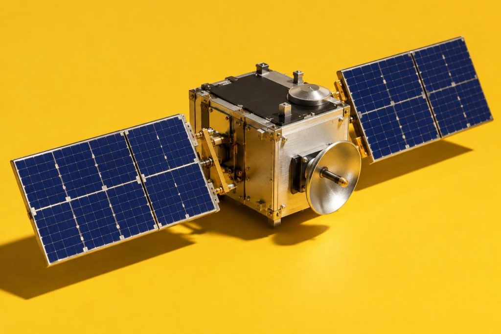 Maqueta genérica de satélite con paneles solares sobre fondo amarillo