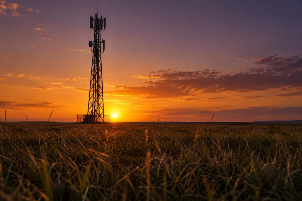 Torre de telecomunicaciones en una llanura de hierba al atardecer
