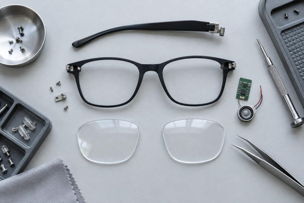 Vista cenital de una montura de gafas desmontada junto a dos lentes, una pequeña placa de circuito y unas pinzas de precisión