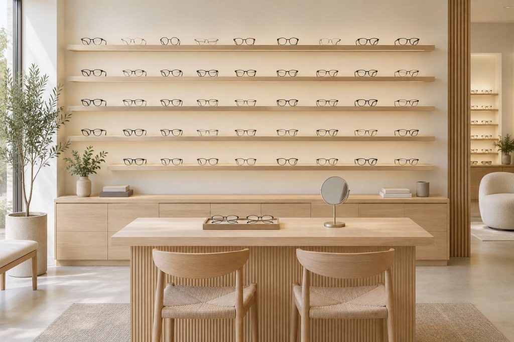 Interior de una óptica con estanterías de madera clara llenas de monturas de gafas