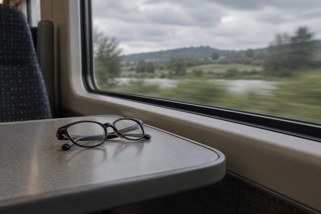 Gafas plegadas sobre la mesa de un asiento de tren junto a la ventanilla