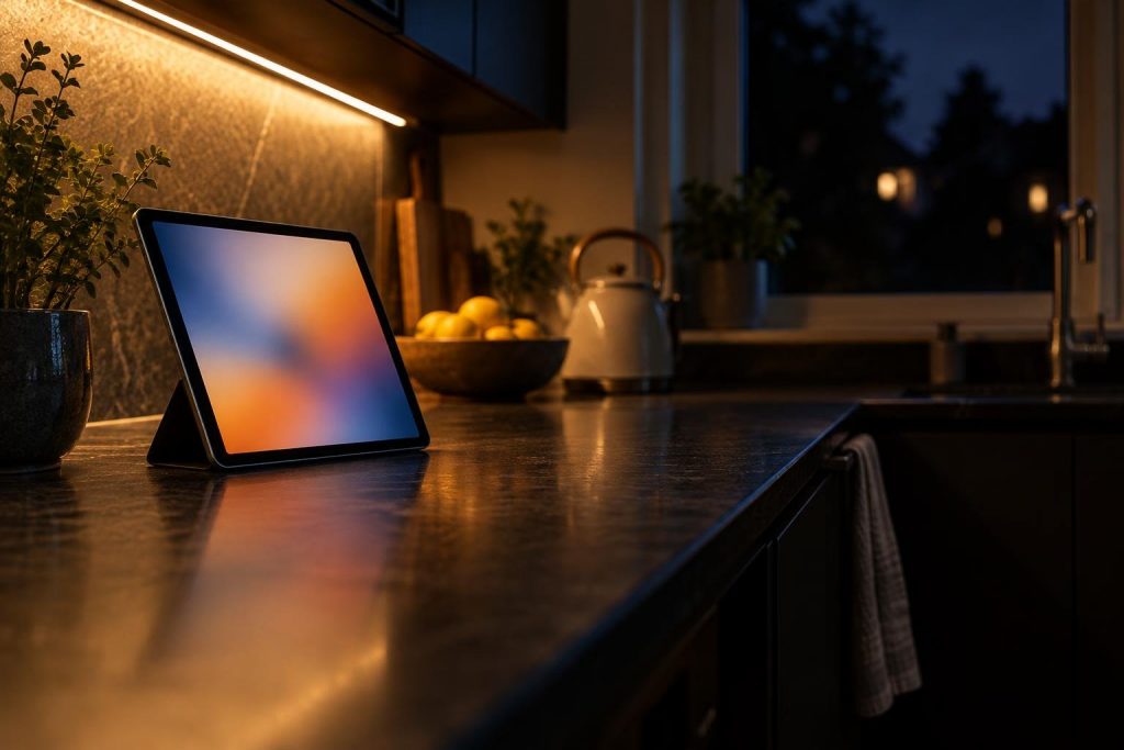 Tableta sin marca apoyada en su soporte sobre la encimera oscura de una cocina de noche, con luz cálida bajo los muebles