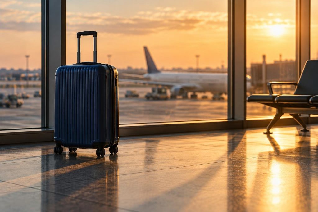 Maleta de cabina azul junto al ventanal de una sala de embarque vacía, con un avión desenfocado al atardecer