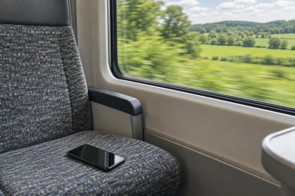 Teléfono móvil sin marca con la pantalla apagada sobre el asiento de un tren, junto a una ventana con paisaje verde en movimiento