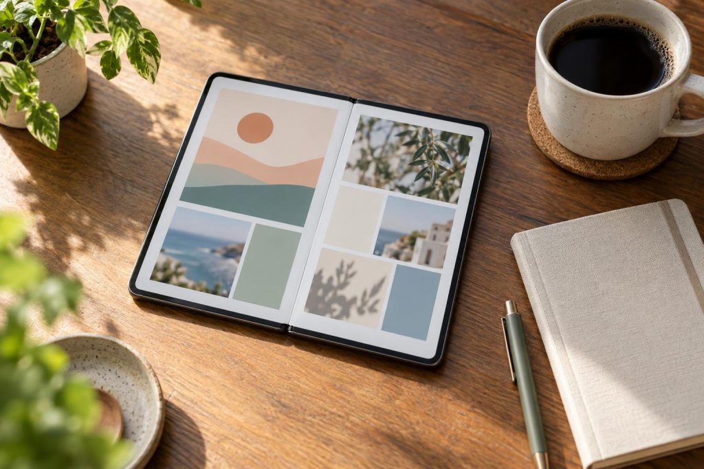 Móvil plegable abierto sobre una mesa de madera, con la pantalla dividida en dos mitades, junto a una libreta y una taza de café