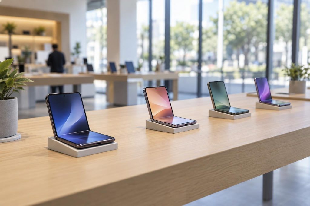 Varios móviles plegables expuestos a medio abrir sobre una mesa de madera en una tienda de electrónica luminosa