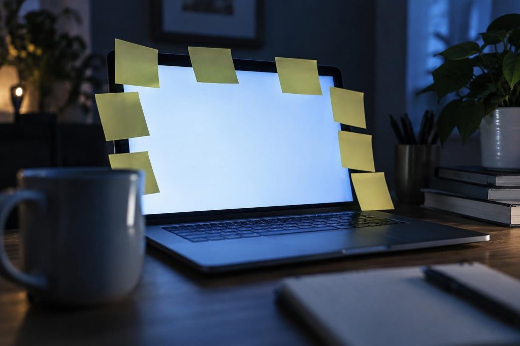 Portátil sin marca en un escritorio de noche con notas adhesivas en blanco pegadas alrededor de la pantalla