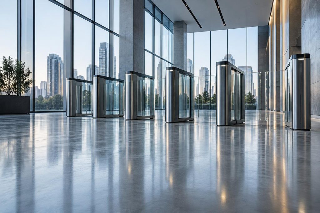 Tornos de acceso de cristal en el vestíbulo vacío de un edificio de oficinas, vistos desde abajo