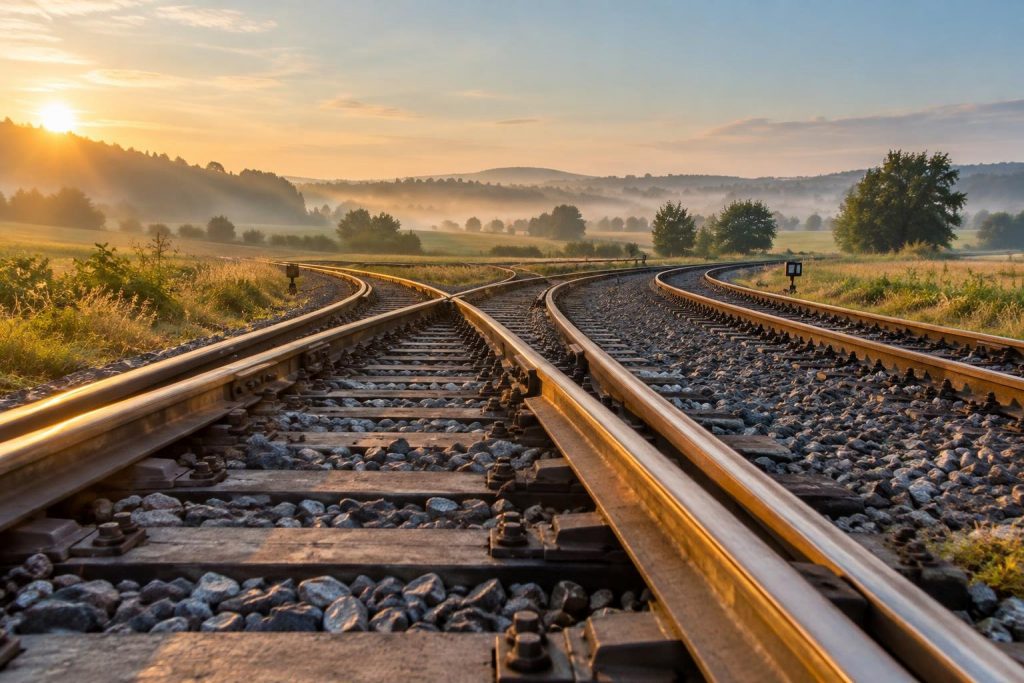 Desvío ferroviario en el que una vía se divide en varias, al amanecer y con niebla sobre el campo