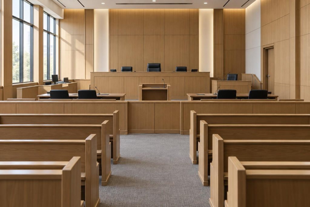Sala de tribunal vacía con bancos de madera clara y luz natural que entra por ventanales laterales