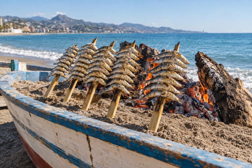 Espetos de sardinas asándose en la arena junto al mar