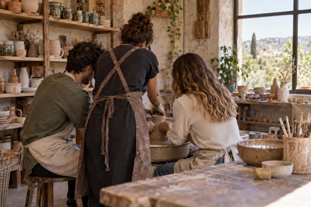 Artesana enseñando a dos visitantes a trabajar el barro en su taller